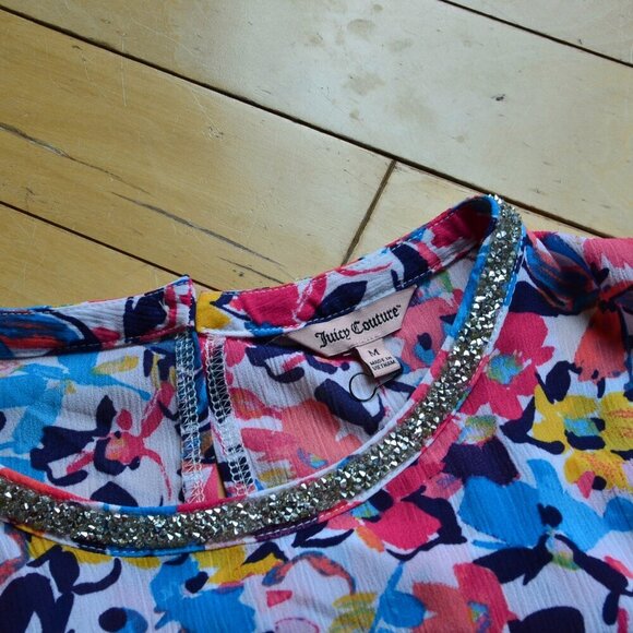 Juicy Couture ruffle layer floral top w bling Size M - Picture 2 of 11